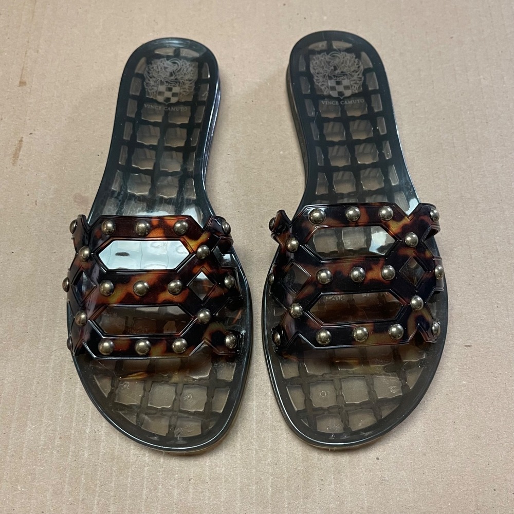 Vince Camuto Womens Sz 8 Carron Tortoise Studded Clear Jelly Flat Slides Sandals - Picture 5 of 9